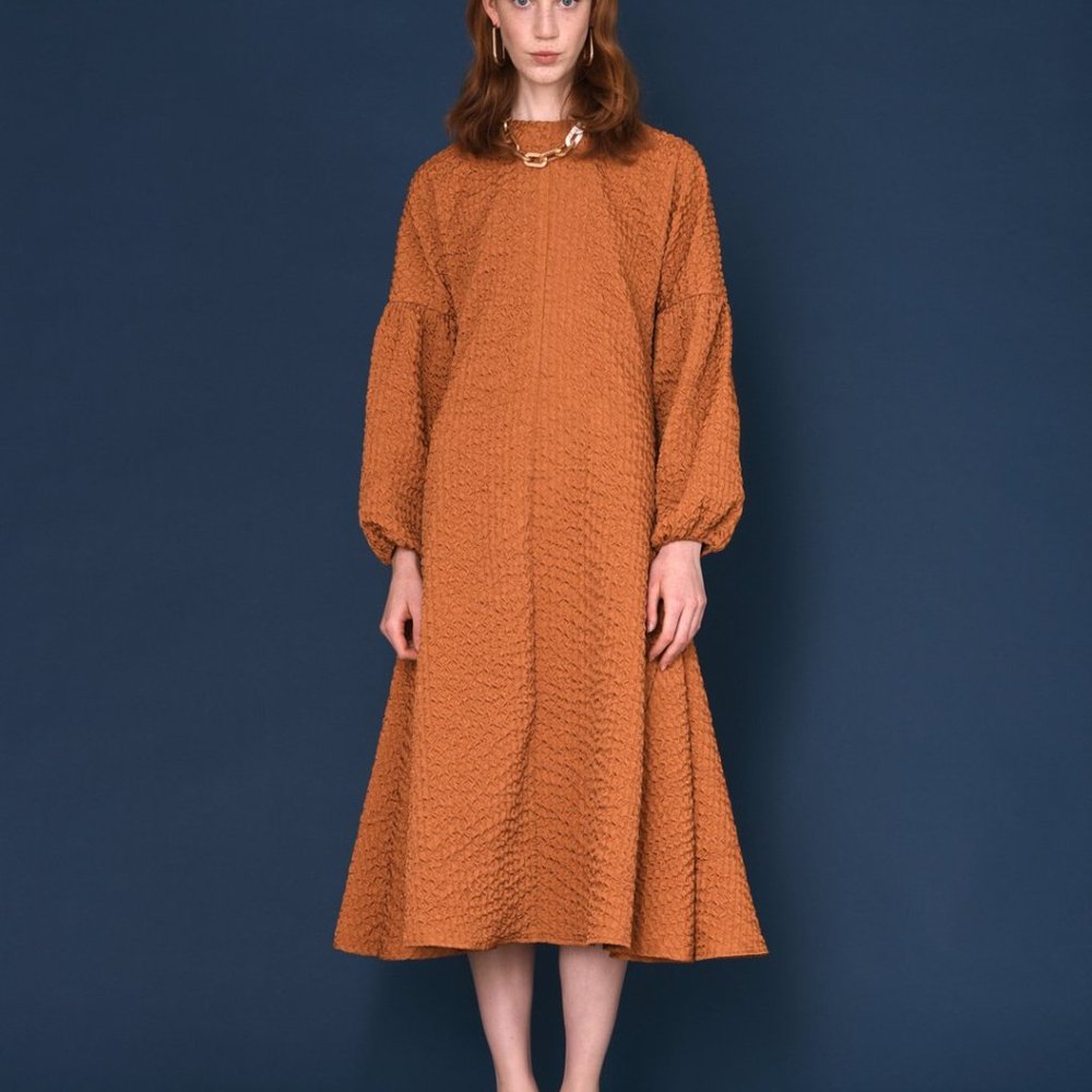 Rust Long-Sleeve Midi Dress